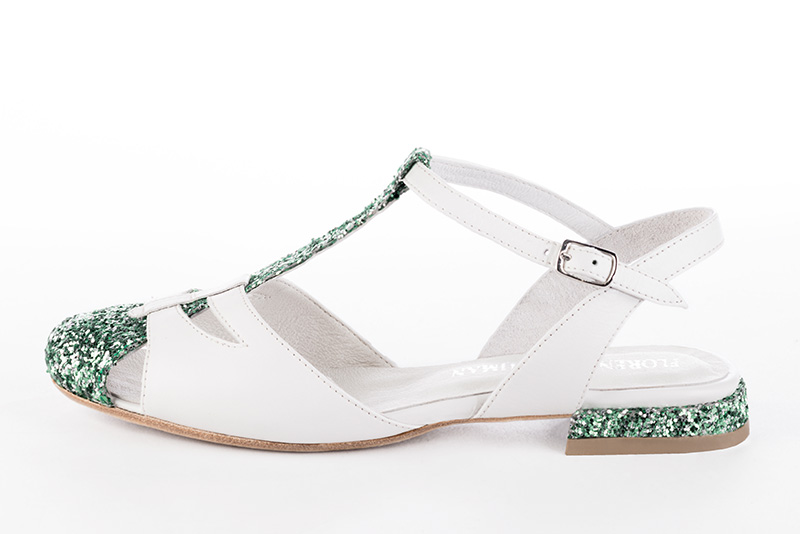 Mint green and pure white women's open back T-strap shoes. Round toe. Flat block heels. Profile view - Florence KOOIJMAN